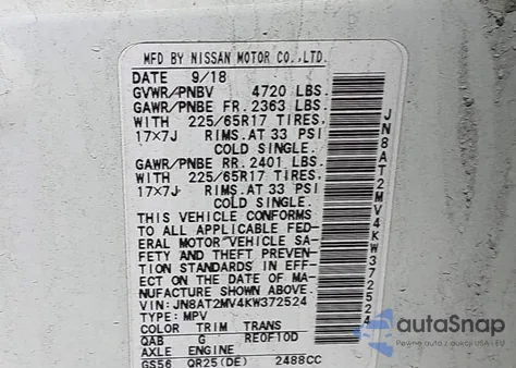 2019 Nissan Rogue Sv z USA, uszkodzony, nr VIN JN8AT2MV4KW372524